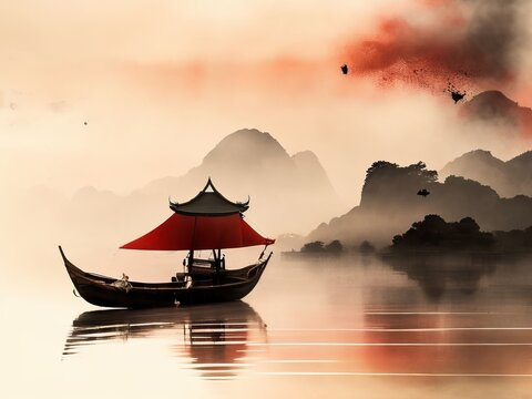 Chinese landscape with mountain, river, trees, pagoda. Watercolor and ink illustration of nature, sumi-e or u-sin traditional painting. AI generated