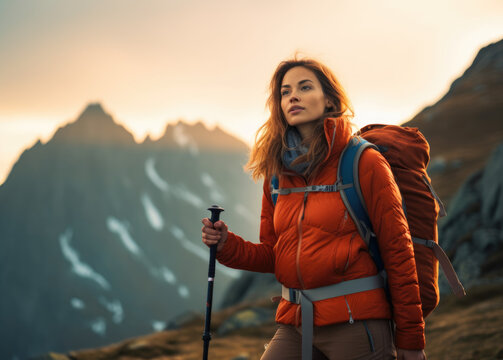 Mountain Explorer. Beautiful, happy young woman wearing a backpack, winter jacket, and trekking poles looks on a mountain. Adventure Hiking and outdoor nature exploration concept. AI Generative