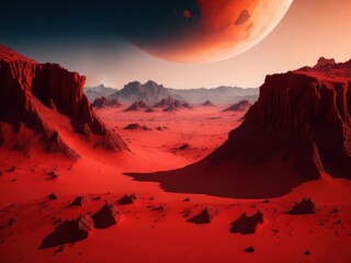 Red surface fantasy planet with mountains and dessert. AI generated