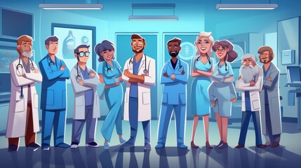 Group of cartoon doctors in a hospital room. Generative AI