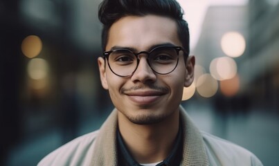 Obraz premium Close up portrait of hispanic young entrepreneur smiling and looking at camera at workspace, generative AI
