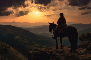 Fototapeta na wymiar silhouette of rider and horse in the mountains at sunset