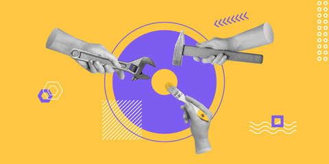 Workshop and handicraft, joint work, teamwork, efficiency and productivity, business concept. Hands...