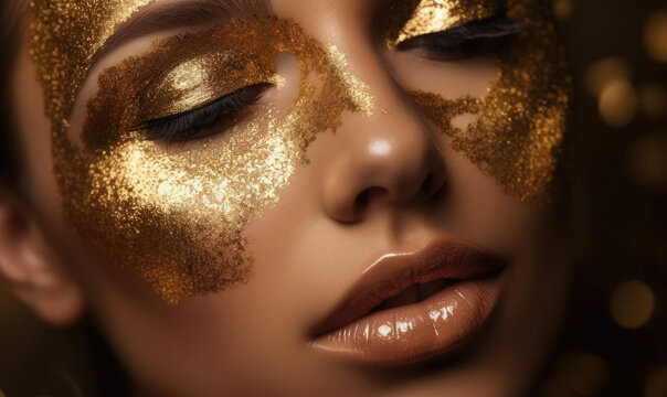 Art Gold skin girl face portrait closeup, Lady with holiday Glamour shiny professional makeup on black, generative AI