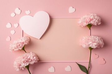 A stunning Mother's Day gift arrangement. Top view photo of pink carnations, and paper hearts arranged on a pastel pink background with two empty hearts for text or, Generative AI