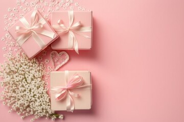 Spring gifts concept. Top view photo of pink present boxes with bows white soft scarf rattan hearts and gypsophila flowers on isolated pastel pink background with empty, Generative AI
