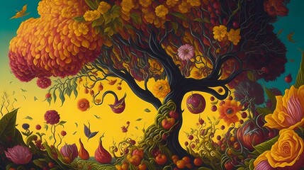 vivid tree , summer , spring , art , artistic , colorful , sad , happy , vibrant , vivid - Ai generated