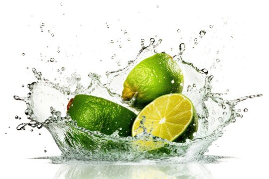 stock photo of water splash with sliced limes isolated Food Photography
