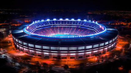 Aerial view of a modern football stadium at night with lights. Generative AI.