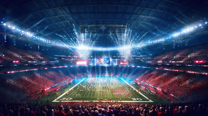 Football stadium with full of fans, lights and flashes. Night time. Generative AI.