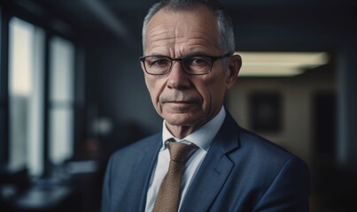 Fototapeta premium Happy corporate lawyer with white perfect teeth standing at workspace, generative AI