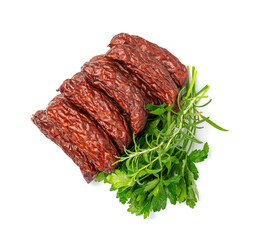 Dry Smoked Sausages Isolated, Salami Sticks, Kielbasa, Cabanossi, Kabanos, Dry Embutido, Chorizo, Bratwurst