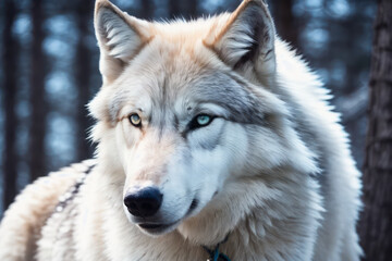 Obraz premium Digital photo of The Huge white wolf in winter coniferous forest on the snowy branches of a fir tree. Wildlife imagery, the concept of ecological environment. Generative AI