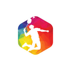 Modern Passionate Badminton Player in Action logo - Passionate Winning Moment Smash. Abstract Professional Young Badminton Athlete in Passionate Pose.