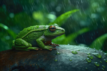 Green frog sitting in the pouring rain covered in water droplets (Generative AI) - obrazy, fototapety, plakaty