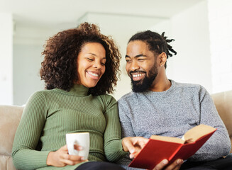 book woman man reading couple lifestyle young together happy smiling home love happiness caucasian...