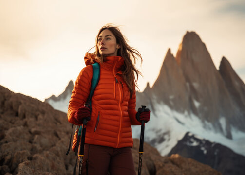 Mountain Explorer. Beautiful, happy young woman wearing a backpack, winter jacket, and trekking poles looks on a mountain. Adventure Hiking and outdoor nature exploration concept. AI Generative