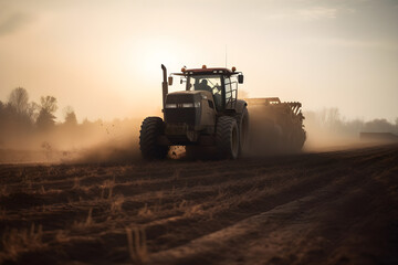 Fototapeta premium A tractor working on field at golden hour, AI-Generated