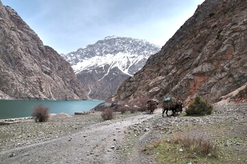 The Seven Lakes near the Uzbek border in Tajikistan - 608381941