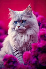 Fototapeta na wymiar A fluffy cat with blue eyes sitting in a bed of pink flowers. Generative AI.