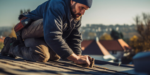 Dachdecker Mann arbeitet auf dem Haus Dach und ist konzentriert, Dachdeckerei Beruf mit Zukunft, ai generativ - obrazy, fototapety, plakaty