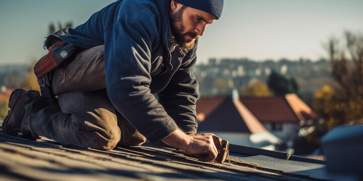 Dachdecker Mann arbeitet auf dem Haus Dach und ist konzentriert, Dachdeckerei Beruf mit Zukunft, ai generativ