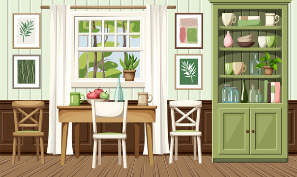 Dining room interior with a table, chairs, a green cupboard, and a window. Cozy dining room interior design. Cartoon vector illustration