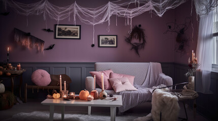 A living room decorated for halloween with candles and decorations. AI generative.