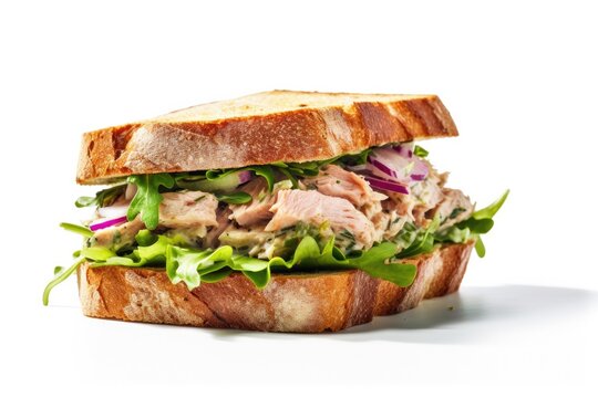 Delicious Tuna Salad Sandwich on a White Background. Generative AI