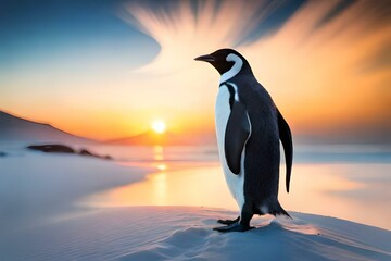 penguin at sunset - obrazy, fototapety, plakaty