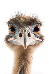 An ostrich looking at the camera with a white background. Generative AI. - obrazy, fototapety, plakaty