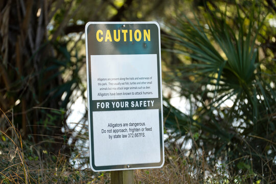 Alligators warning sign in Florida state park about caution and safety during trail walk