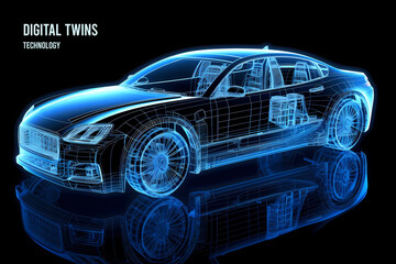 Naklejka na ściany i meble Autonomous electric car wireframe rendering of the car body on right side. Digital Twin concept. 3D image. Generative ai