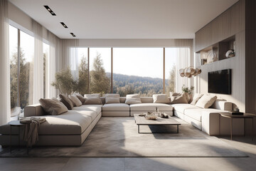 Fototapeta premium Luxury modern living room white furniture floor to ceiling window.Nobody.Created with generative ai
