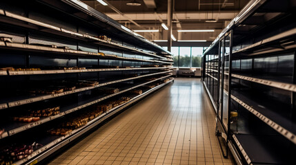 Obraz premium Lack of Goods. Barren Shelves. Empty Grocery Store. AI generated