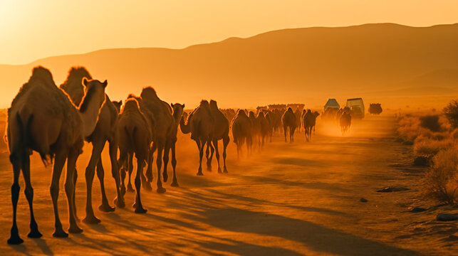Desert Treks. A Caravan of Camels. Generative AI