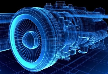 Wireframe rendering of turbojet engine on black background. Digital twins concept. 3D rendering image. Generative ai - obrazy, fototapety, plakaty