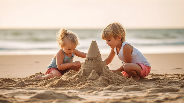 Two little girls building a sand castle on the beach. Generative AI.