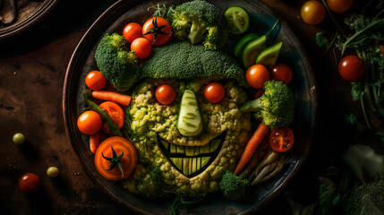 A plate of vegetables arranged to look like a funny face. AI Generated