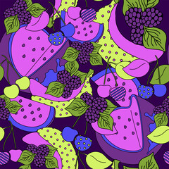 Fruits seamless pattern. Fruit print in pop art style. Watermelon, cherry, banana and blackberry. Wrapping template, bedding, clothes and repeating wallpaper.