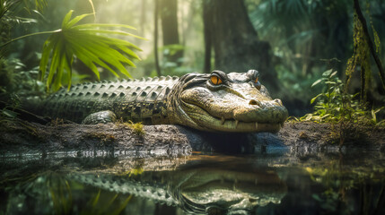 Fototapeta premium Beauty in the Beast. Alligator's Elegance in the Murk. Generative AI.Generative AI