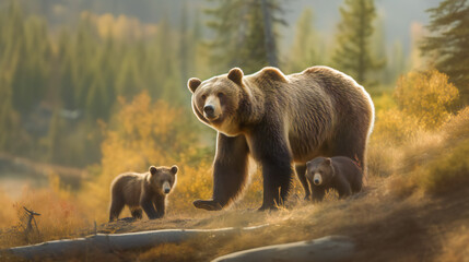 Bear family in the forest. Generative AI