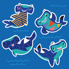 Sticker set with cute hammerhead sharks in cartoon style. Vector illustration