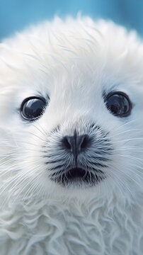 Fluffy white sea seal pup, closeup, AI generative image