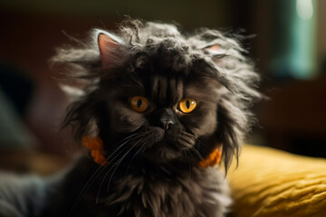 Confused Kitty Coif. Feline Fashion Faux Pas.  AI Generated - obrazy, fototapety, plakaty