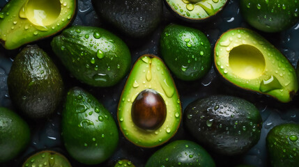 Glistening Drops on Fresh Avocado Background. Generative AI
