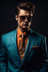 Fototapeta premium Fashionable male model in a trendy suit and sunglasses. AI Generated..