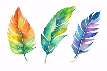 Bright set of tropical leaves. Generative Ai. Watercolor.