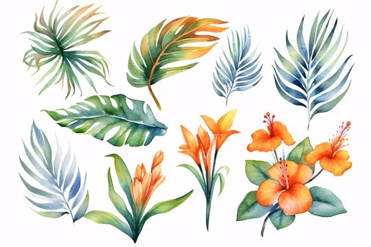 hand drawn watercolor tropical plants set. generative ai.