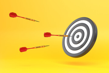 Darts fly at a target on a yellow background. Concept of achieving goals, planning, inspiration. 3d rendering illustration